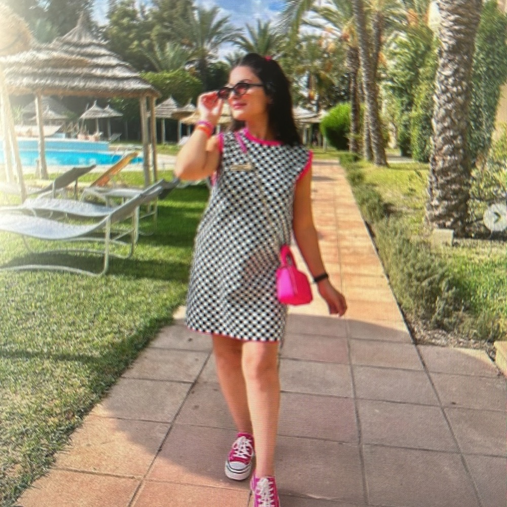 Zara nwt dress. Black and white check with pink trim.